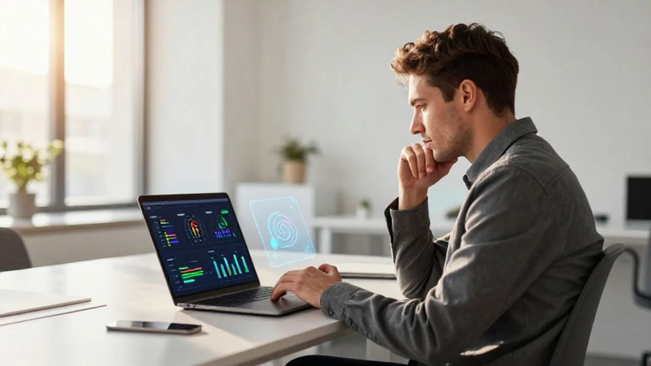 Emprendedor analizando gráficos de datos en un portátil en una oficina moderna y luminosa.