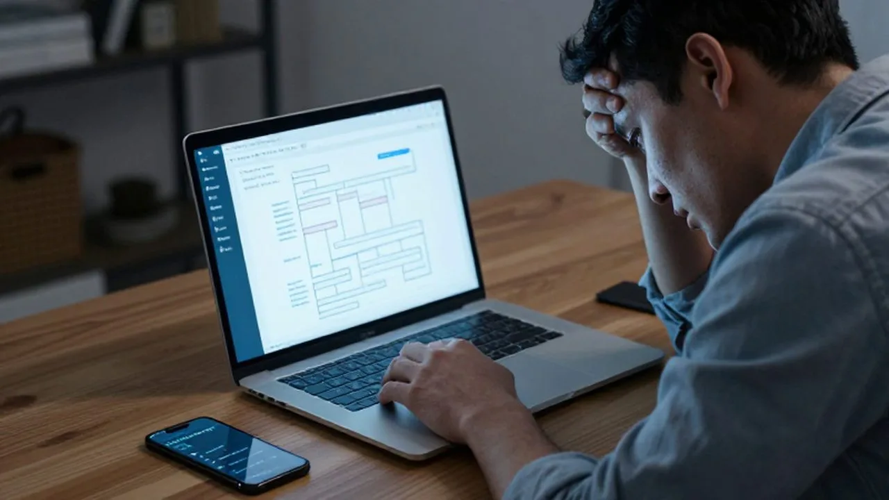 Dueño de un pequeño negocio con expresión preocupada frente a errores de software en su laptop.