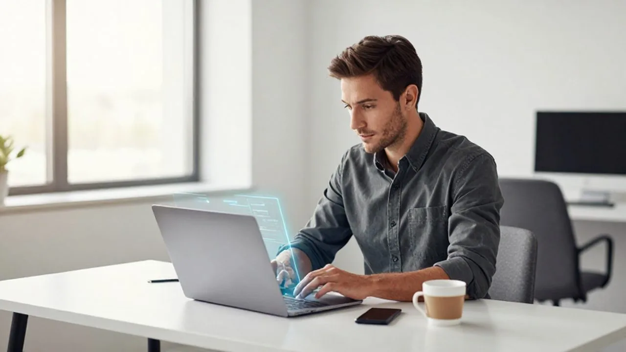 Emprendedor trabajando con un portátil en un escritorio minimalista y luminoso.