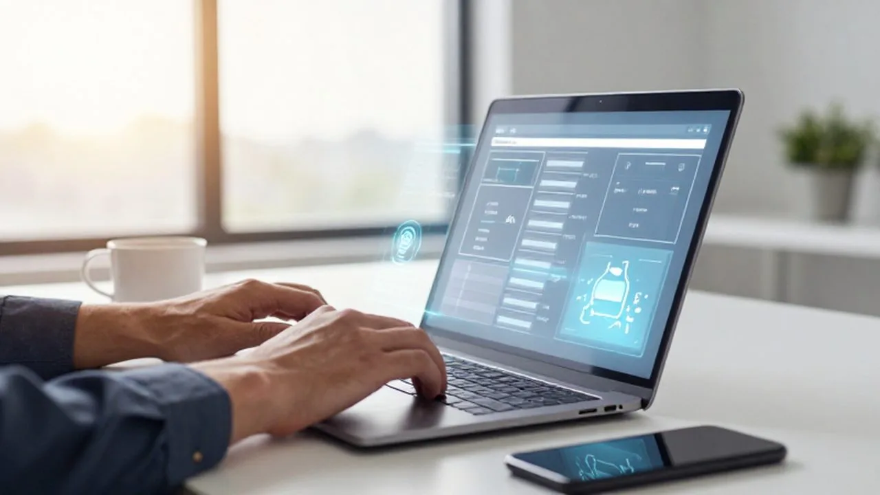 Emprendedor trabajando en un ordenador portátil con interfaces digitales en una oficina moderna y luminosa.