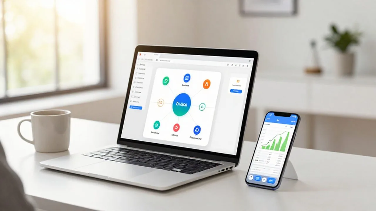 Laptop con flujos de automatización de ventas y un smartphone con gráficos de crecimiento en un escritorio iluminado.