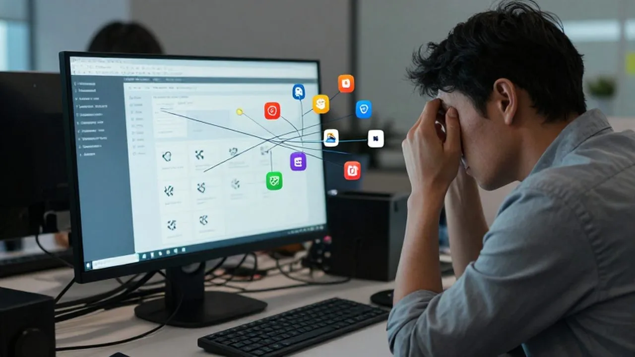 Dueño de un pequeño negocio estresado frente a una pantalla con errores de software.