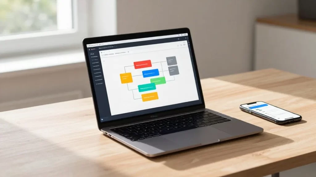Escritorio de madera con un portátil que muestra una interfaz de programación visual y un smartphone.