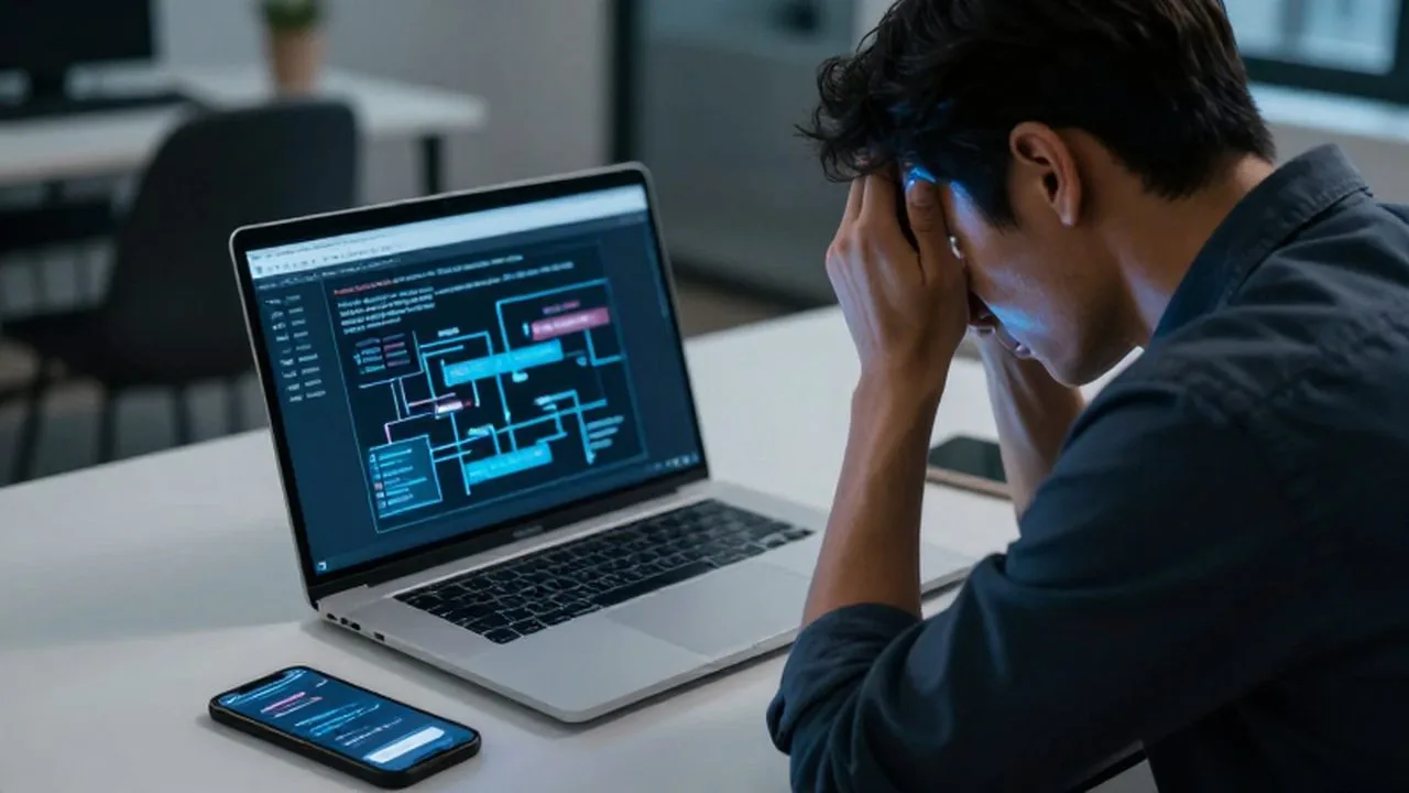 Dueño de un pequeño negocio frustrado frente a una laptop con errores técnicos y notificaciones perdidas.