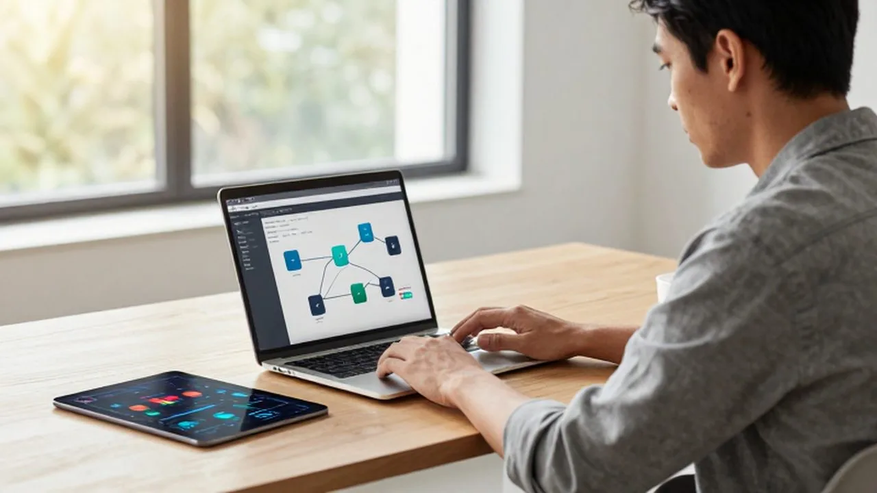 Emprendedor analizando gráficos de datos en una computadora y tablet dentro de una oficina iluminada.