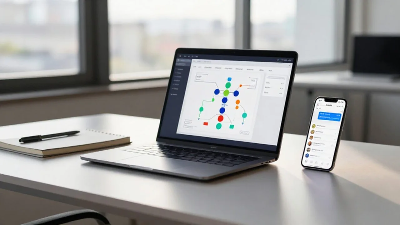 Escritorio minimalista con un portátil que muestra diagramas de automatización y un cuaderno de diseño.