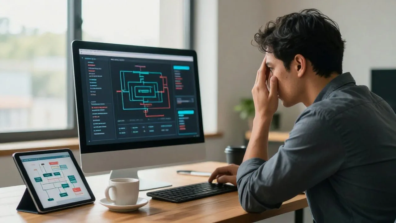Dueño de un pequeño negocio preocupado frente a un ordenador con diagramas digitales complejos.
