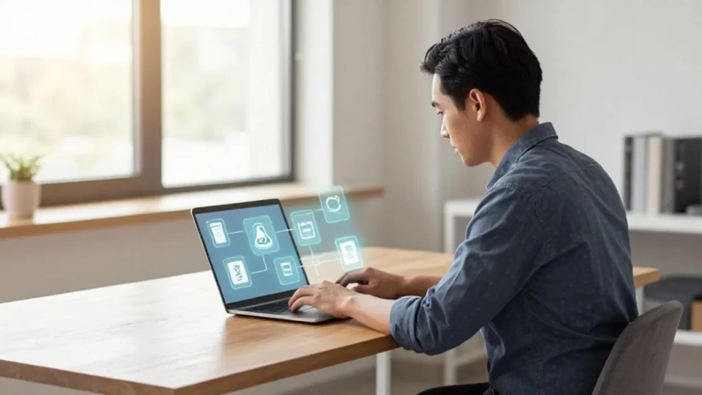 Dueño de un pequeño negocio trabajando en su laptop con iconos digitales flotando sobre su escritorio.