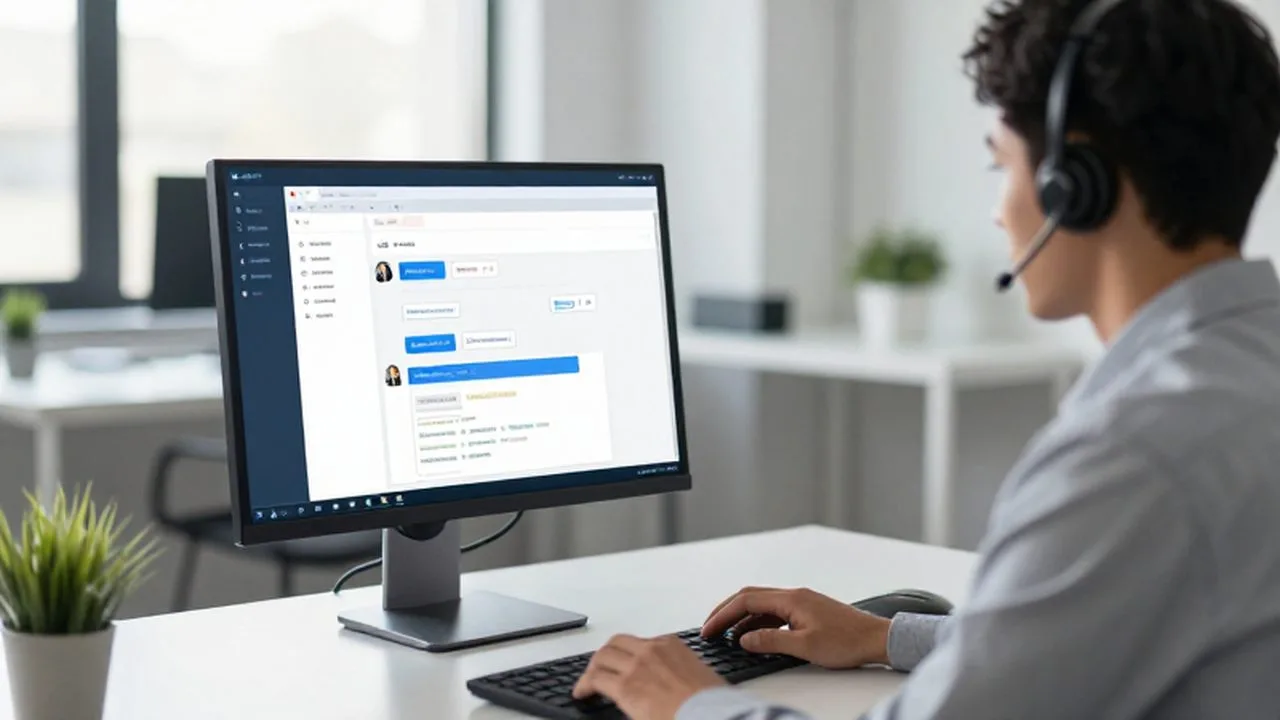 Representante de atención al cliente analizando datos y chats en un monitor en una oficina moderna.
