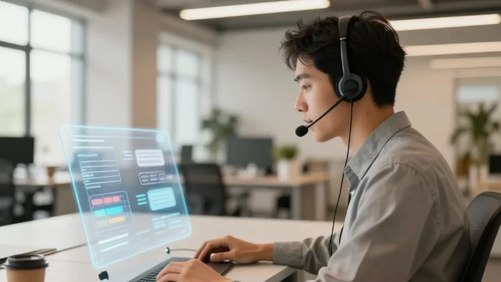 Agente de soporte con auriculares trabajando frente a una interfaz holográfica en una oficina moderna.