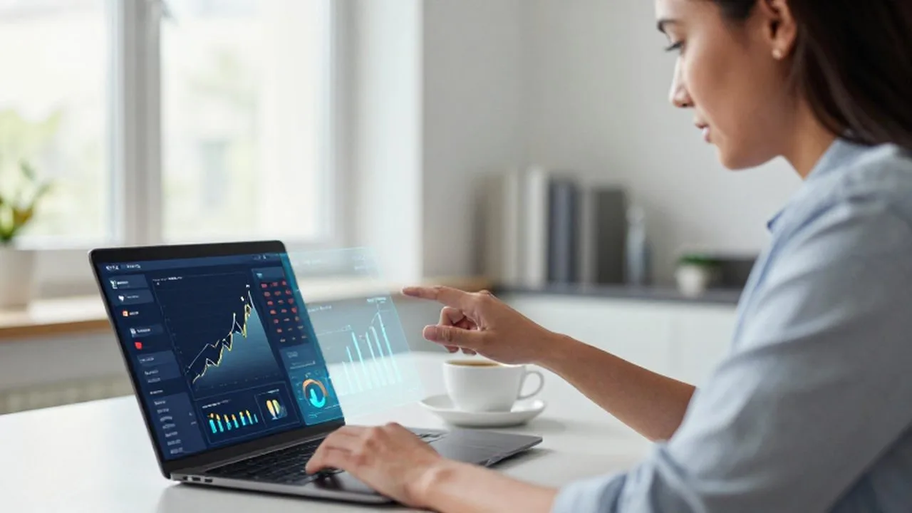 Emprendedor trabajando en una oficina luminosa mientras interactúa con un tablero holográfico de datos comerciales.