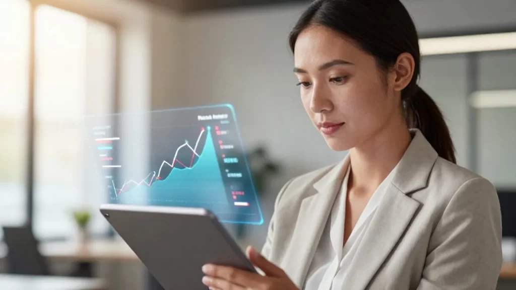 Dueño de un pequeño negocio analizando gráficos de ventas digitales en una oficina moderna.