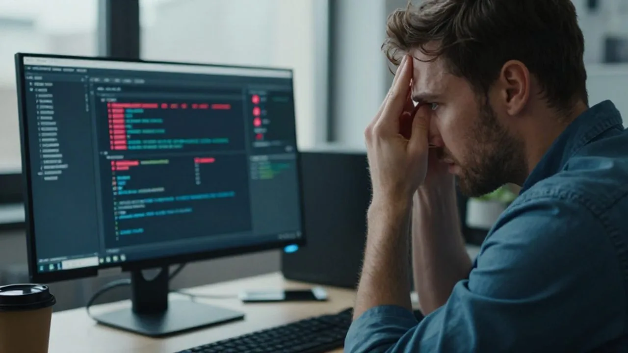 Dueño de un pequeño negocio frustrado frente a un monitor con mensajes de error.
