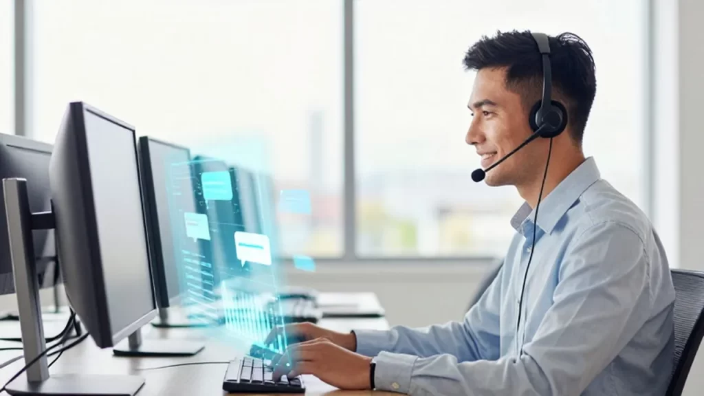 Agente de soporte con auriculares trabajando en una oficina luminosa frente a monitores con interfaces digitales.