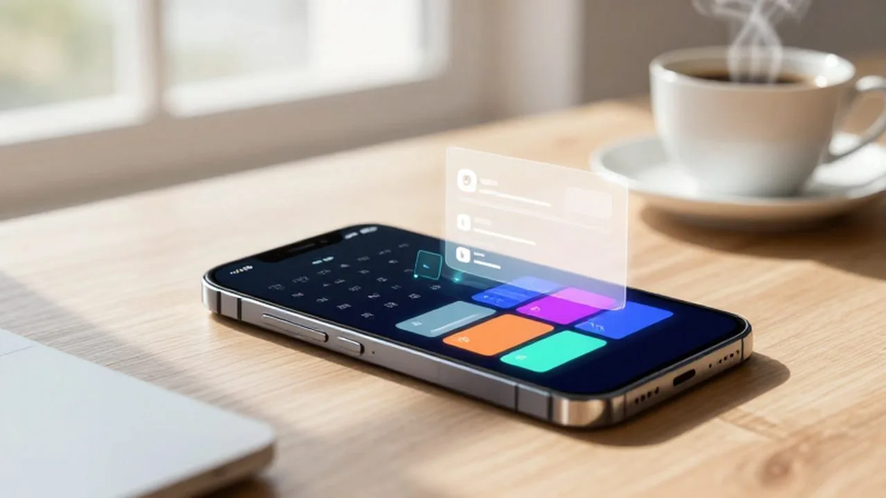 Smartphone con un calendario digital y elementos holográficos sobre un escritorio de madera junto a un café.