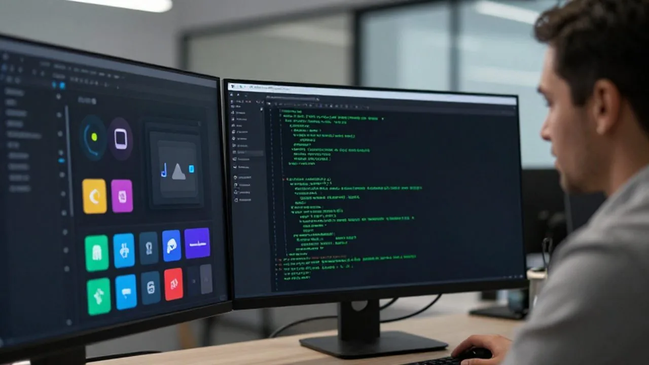 Pantalla dividida con una interfaz de software moderna junto a una terminal de código profesional.