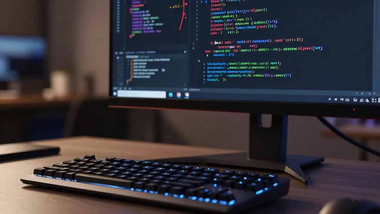 Primer plano de un monitor con código C++ junto a un teclado mecánico iluminado en un escritorio moderno.