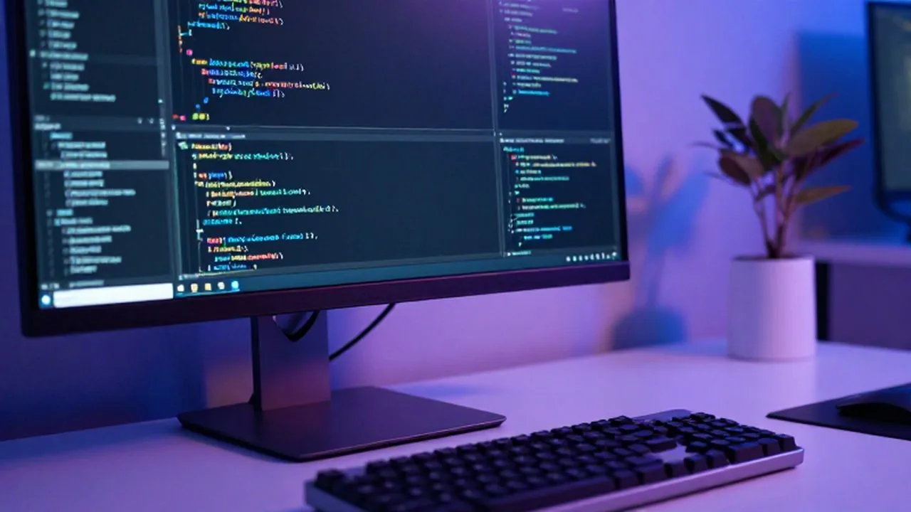 Monitor de alta resolución con código de programación en un escritorio de oficina tecnológico.