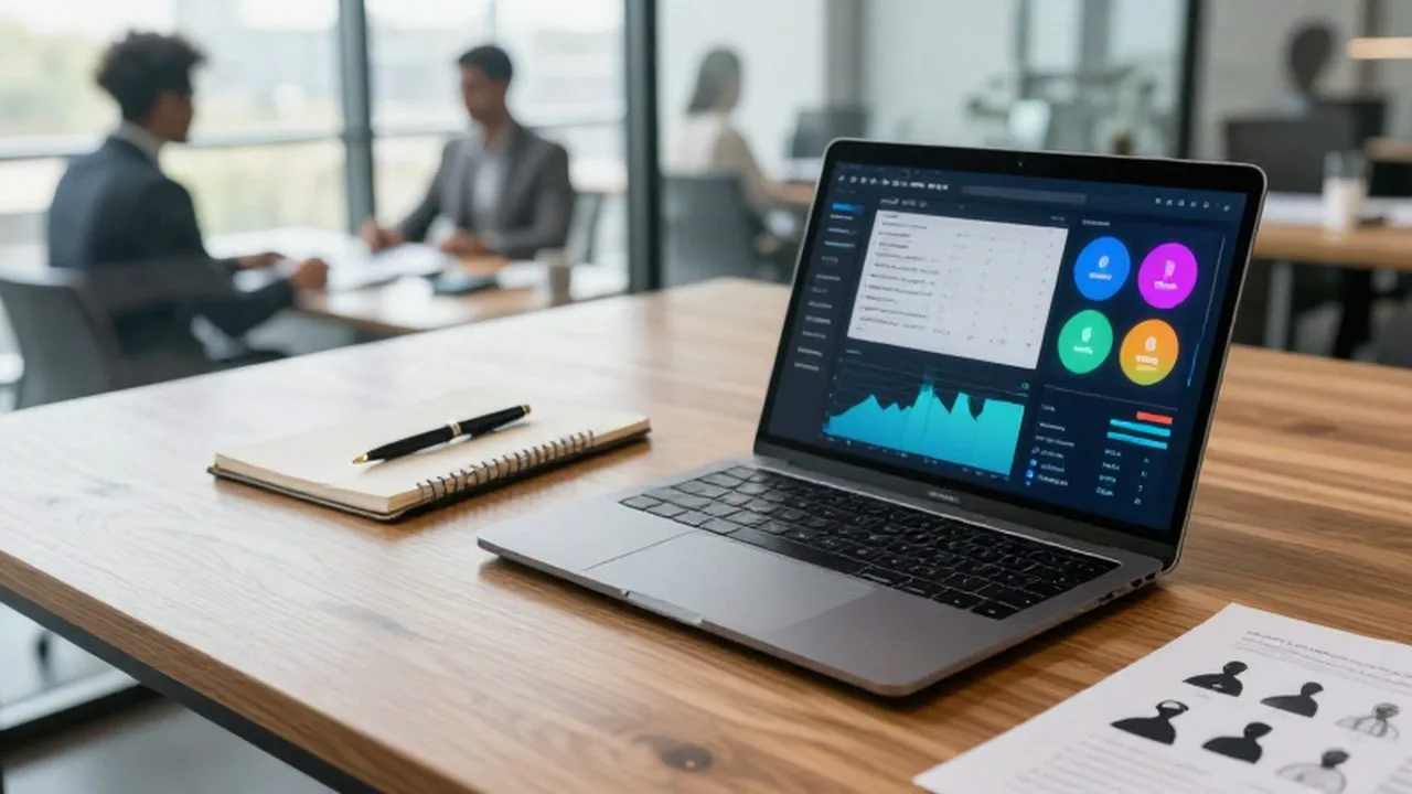 Laptop moderna sobre un escritorio de madera mostrando gráficos de datos y segmentación de clientes.