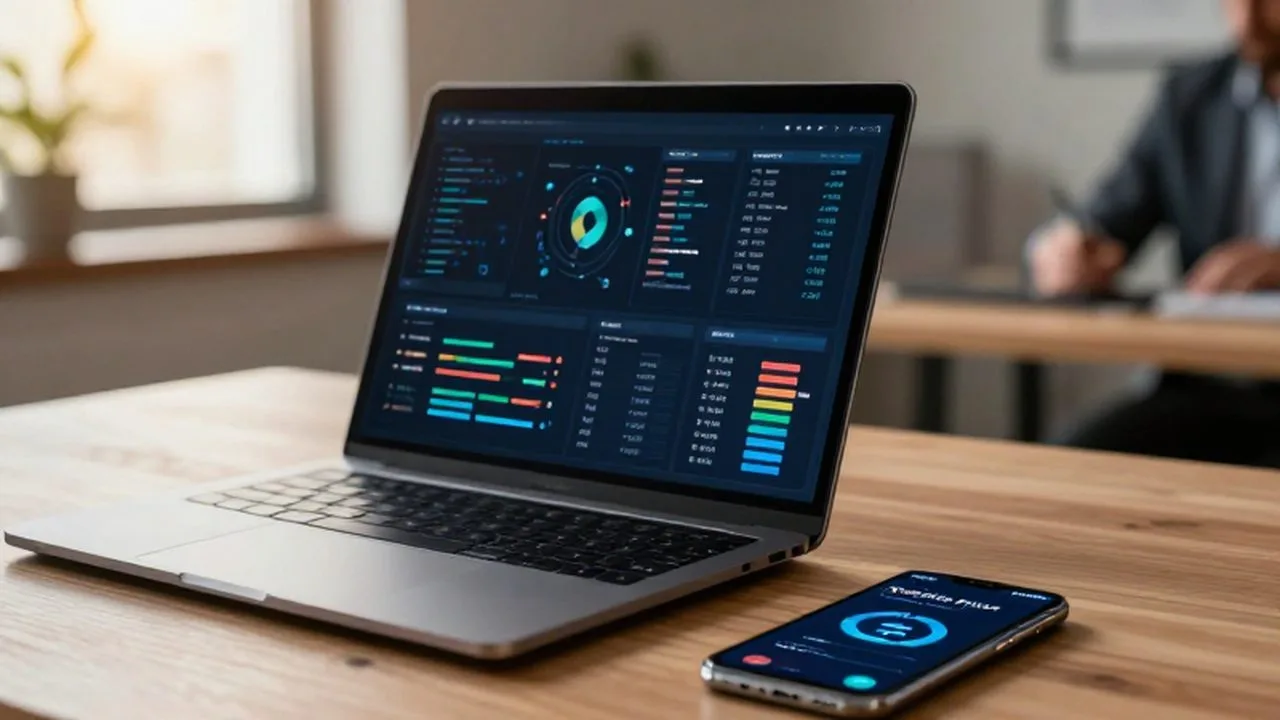 Escritorio moderno con un portátil que muestra gráficos de datos y un smartphone con notificaciones.