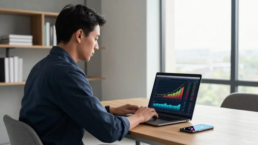 Emprendedor concentrado trabajando frente a un portátil con gráficos financieros en una oficina moderna.