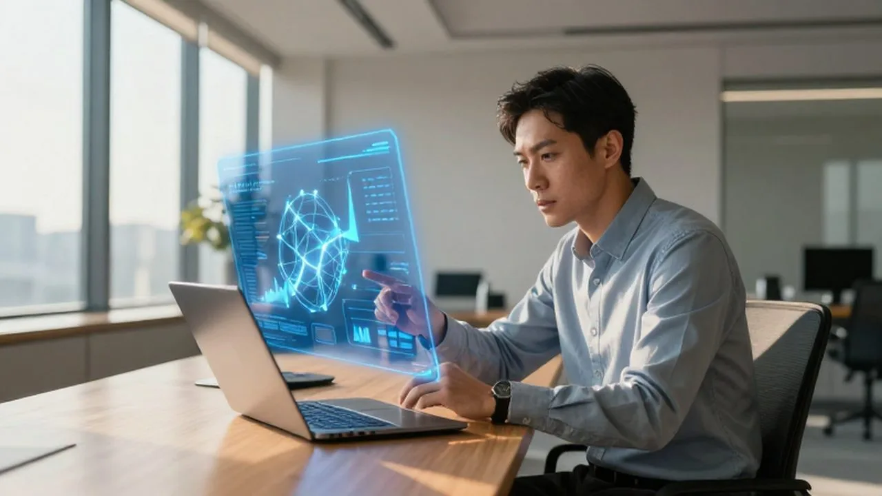 Emprendedor analizando un panel holográfico de datos y gráficos en una oficina moderna.