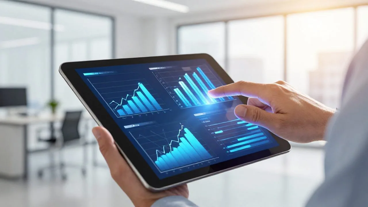 Mano de un profesional interactuando con gráficos de datos tridimensionales en una tableta digital.