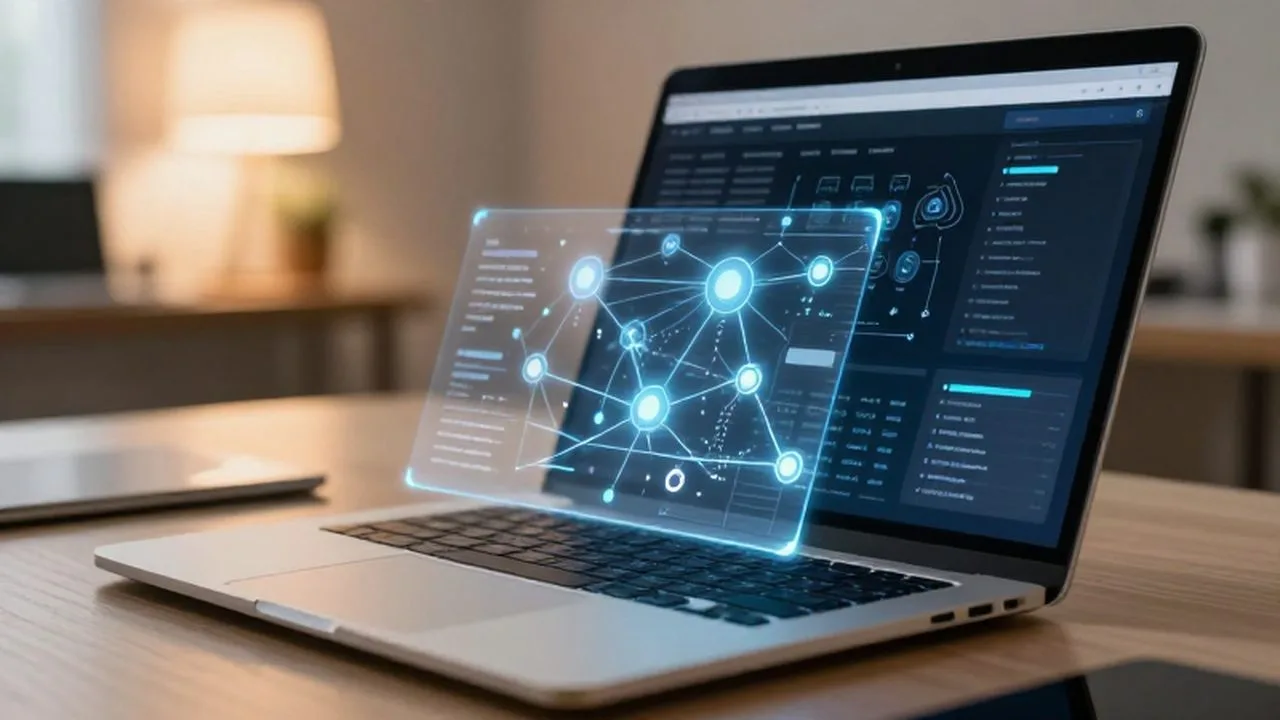 Laptop moderna con un tablero de datos digitales interconectados sobre un escritorio de oficina minimalista.