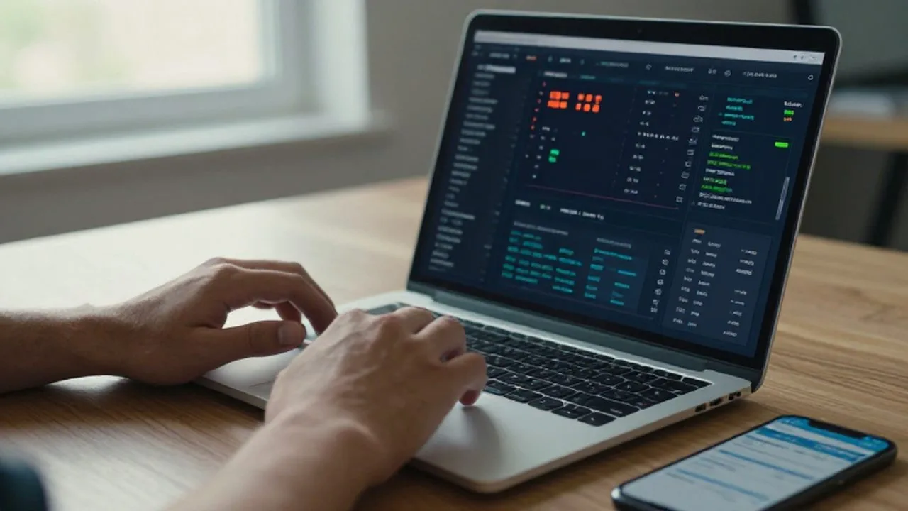 Manos de un emprendedor sobre un teclado frente a un monitor con errores en los datos.