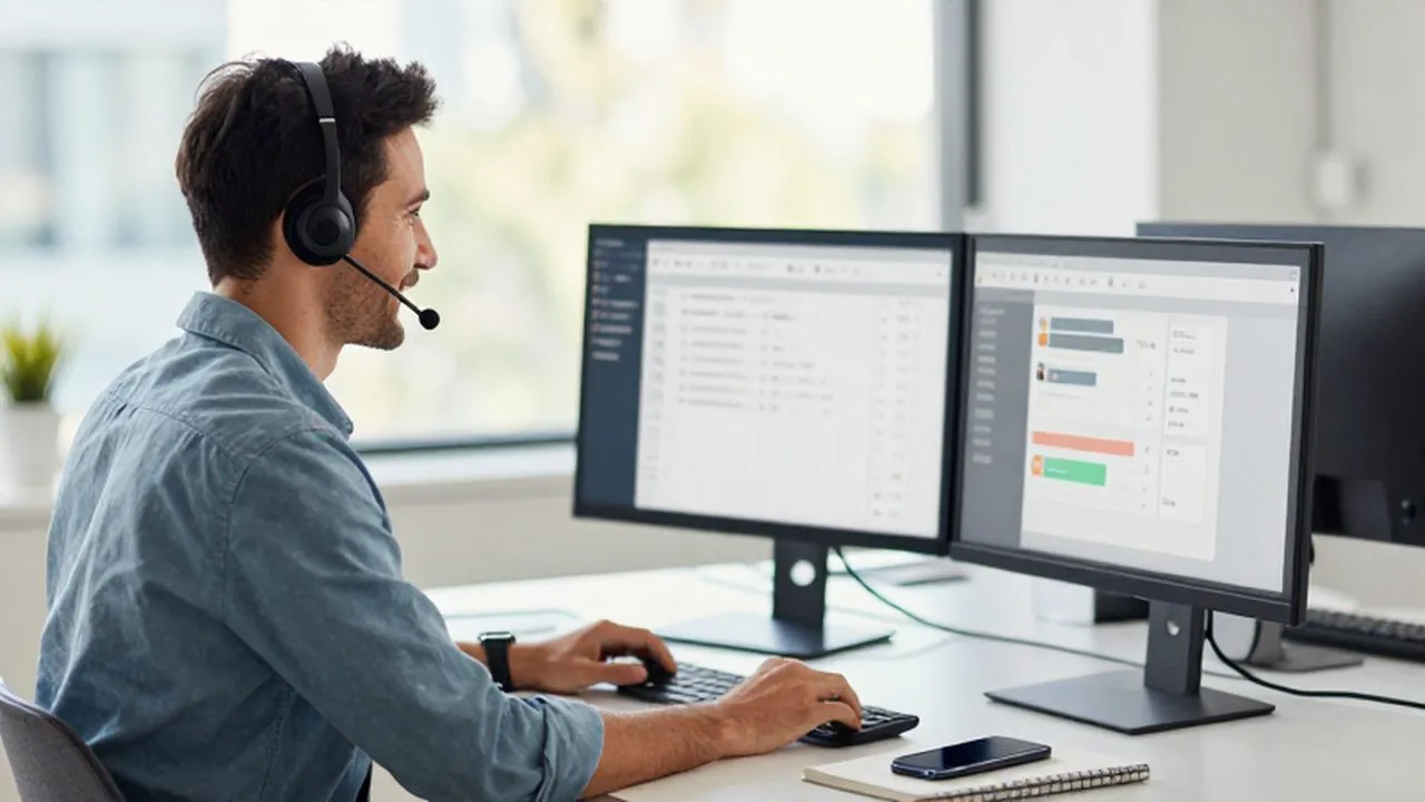 Especialista de atención al cliente sonriente con auriculares frente a monitores en una oficina luminosa.