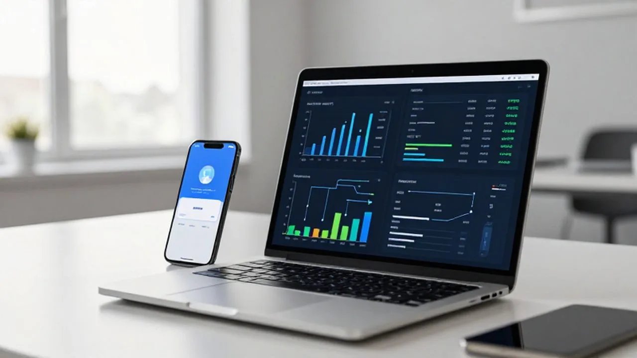 Laptop con gráficos de datos junto a un smartphone en un escritorio de oficina iluminado.