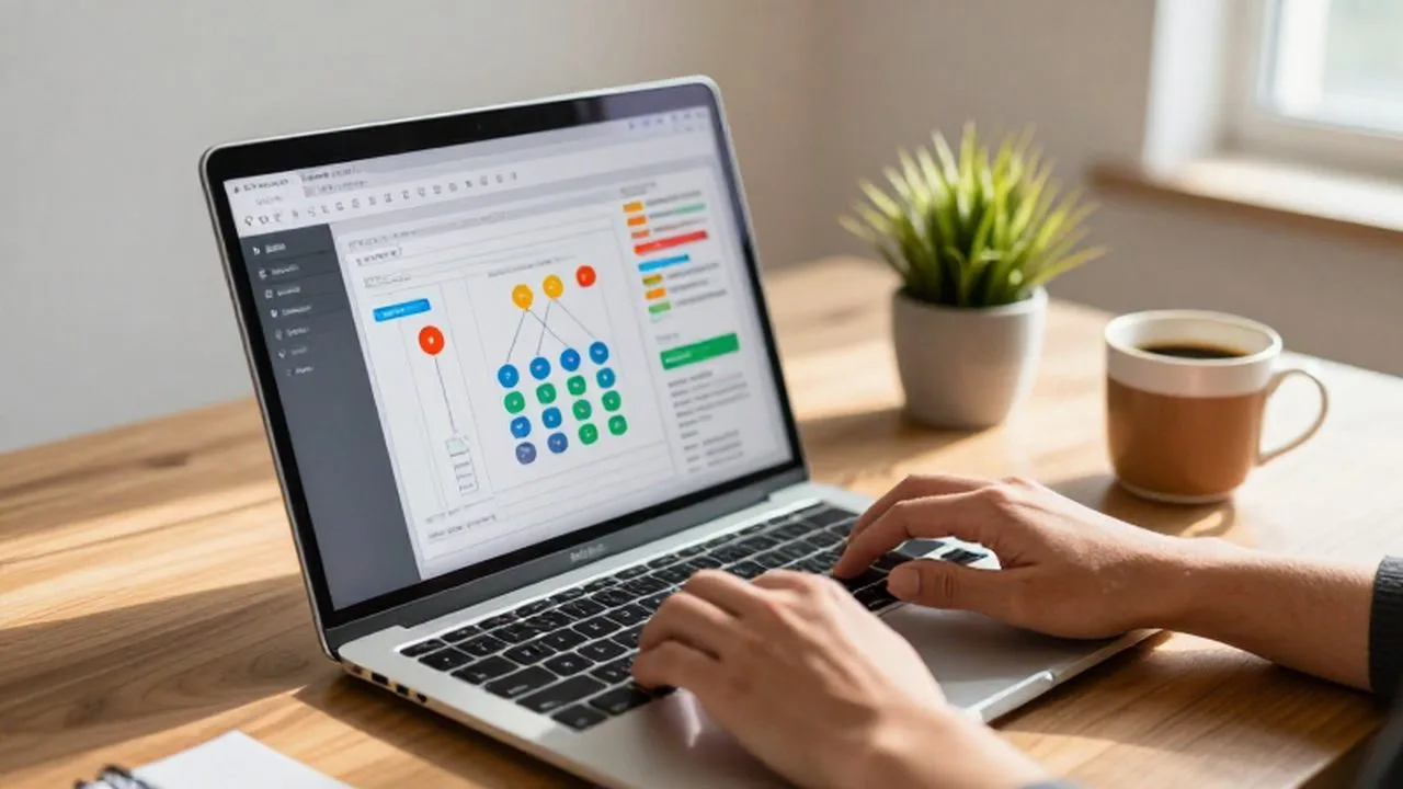Manos de un emprendedor trabajando en un portátil con diagramas de automatización sobre un escritorio ordenado.