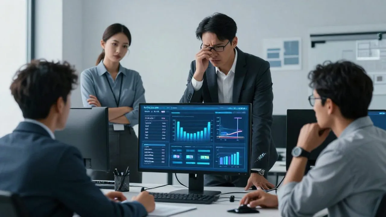 Un gerente preocupado observa métricas de descenso mientras su equipo trabaja en una oficina moderna.