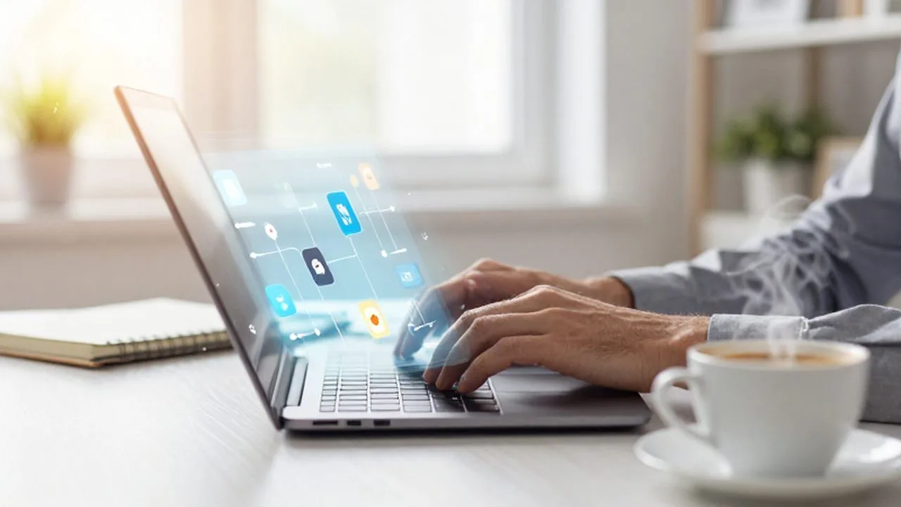 Manos de un emprendedor trabajando en un portátil con una interfaz digital de automatización sobre un escritorio organizado.