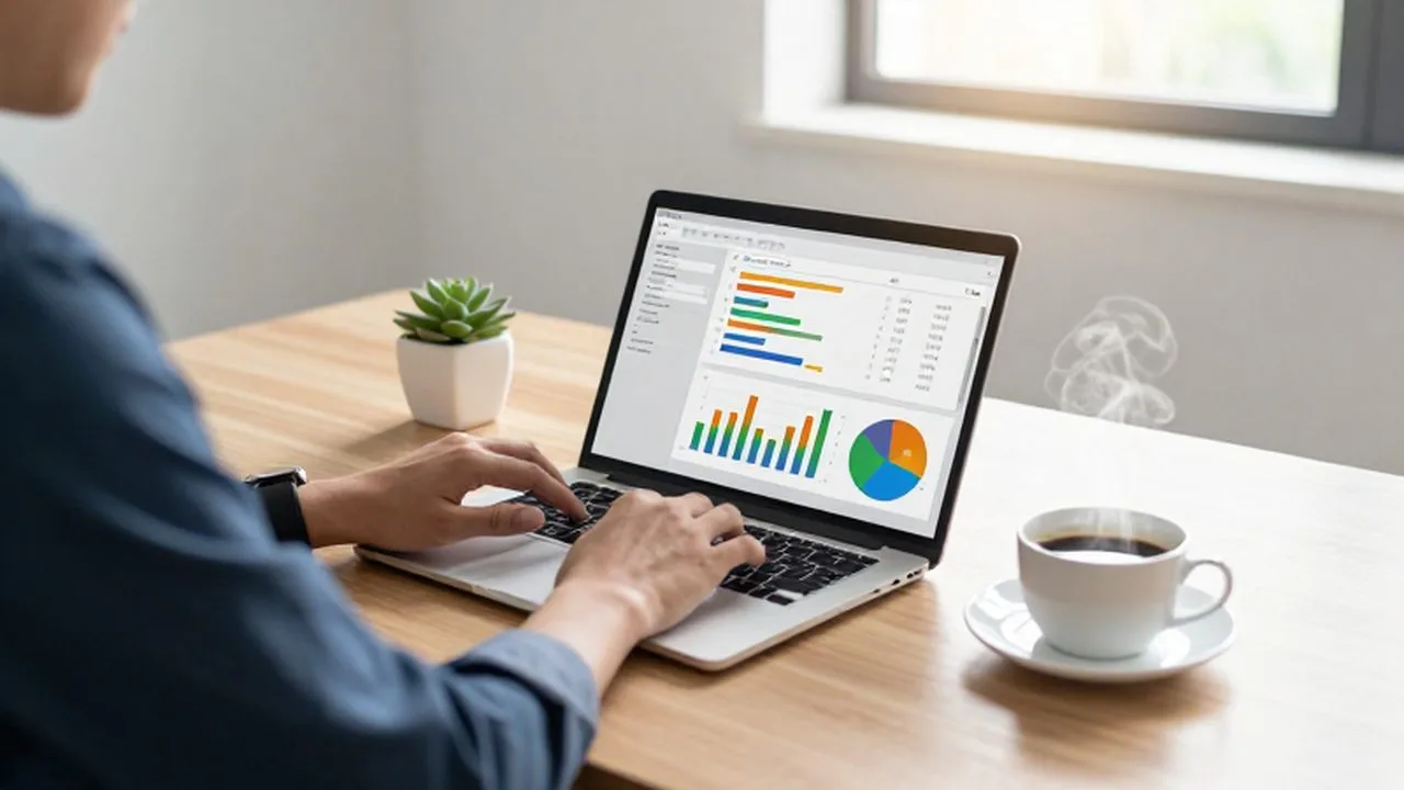 Emprendedor trabajando con gráficos de datos y diagramas de automatización en un escritorio moderno.