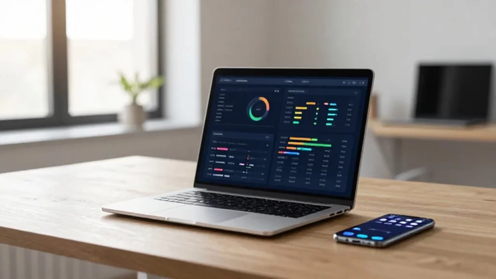 Laptop con gráficos de datos y diagrama de flujo sobre un escritorio de madera iluminado por la luz natural.