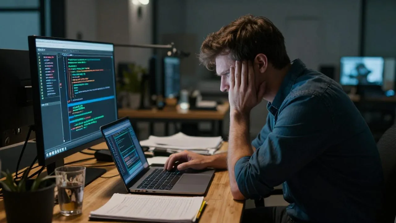 Dueño de un pequeño negocio estresado frente a una computadora con errores de software.