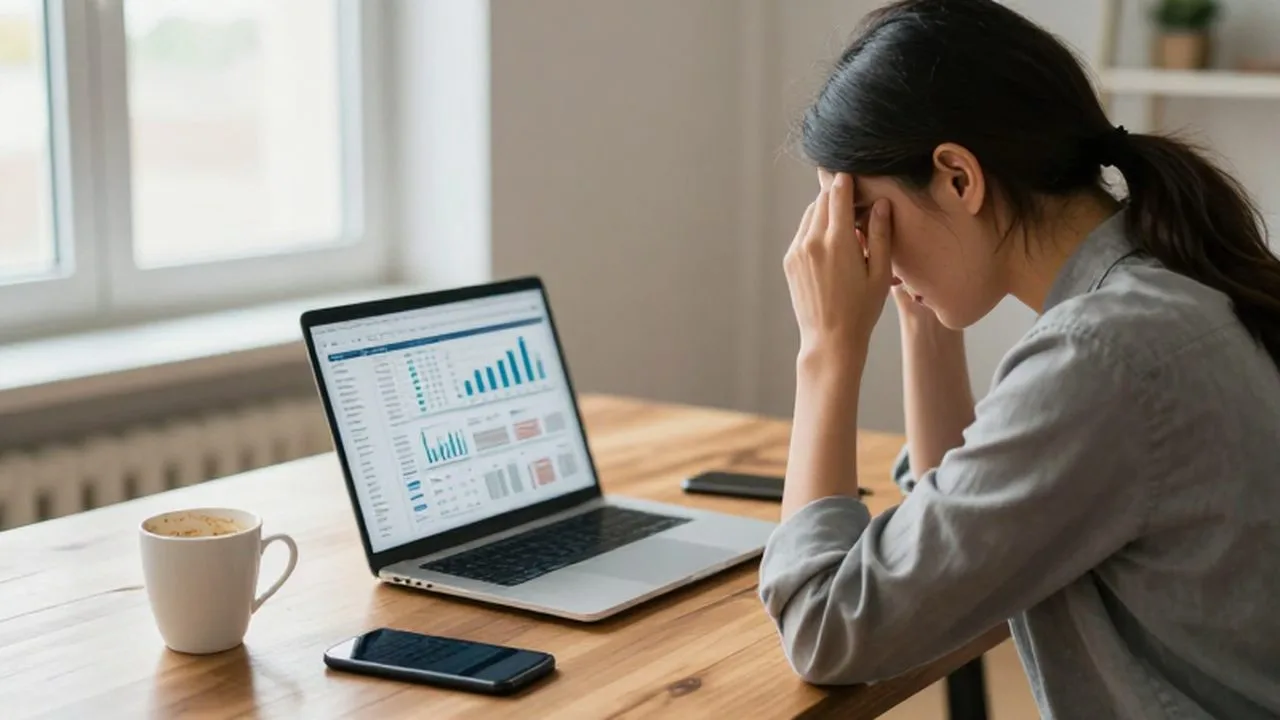 Dueño de un pequeño negocio estresado frente a gráficos de ventas complejos en su oficina.