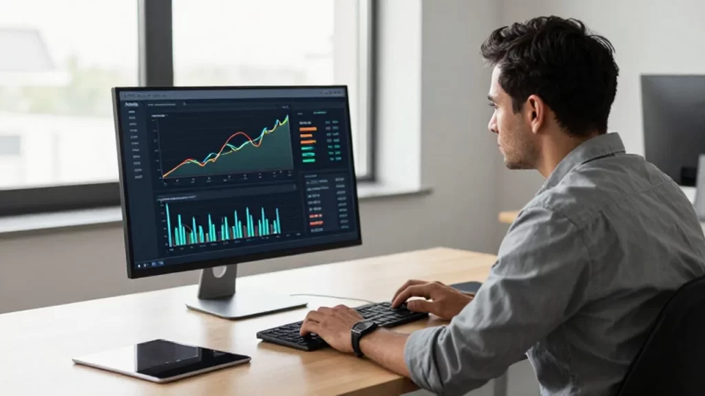 Emprendedor concentrado analizando gráficos de ventas y paneles de gestión en un monitor de oficina.