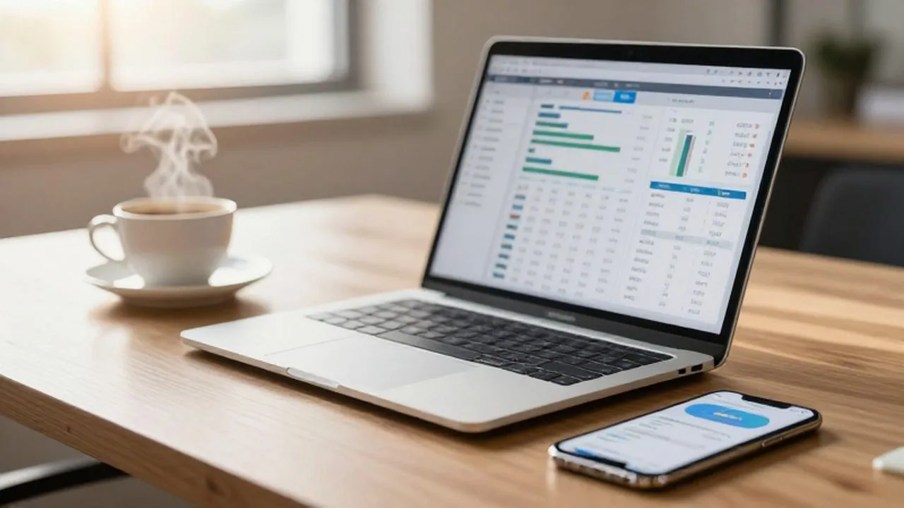 Escritorio de madera con un portátil mostrando gráficos de ventas, un smartphone y café.