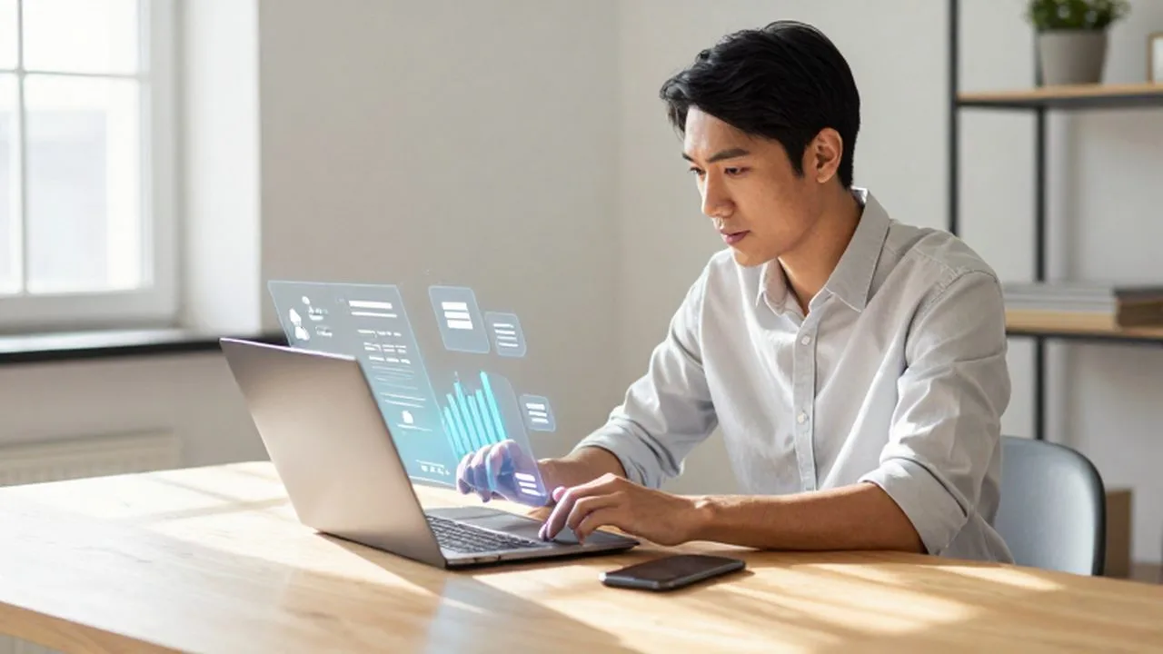 Dueño de un pequeño negocio trabajando con su laptop y gráficos digitales de ventas en una oficina luminosa.