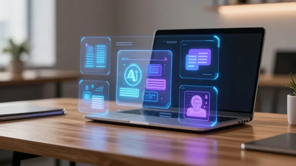 Interfaz holográfica con iconos digitales de inteligencia artificial flotando sobre un escritorio de madera moderno.
