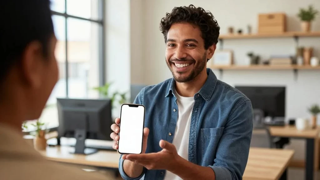 Dueña de un pequeño negocio sonriente mostrando la pantalla de un móvil a su cliente en una oficina luminosa.